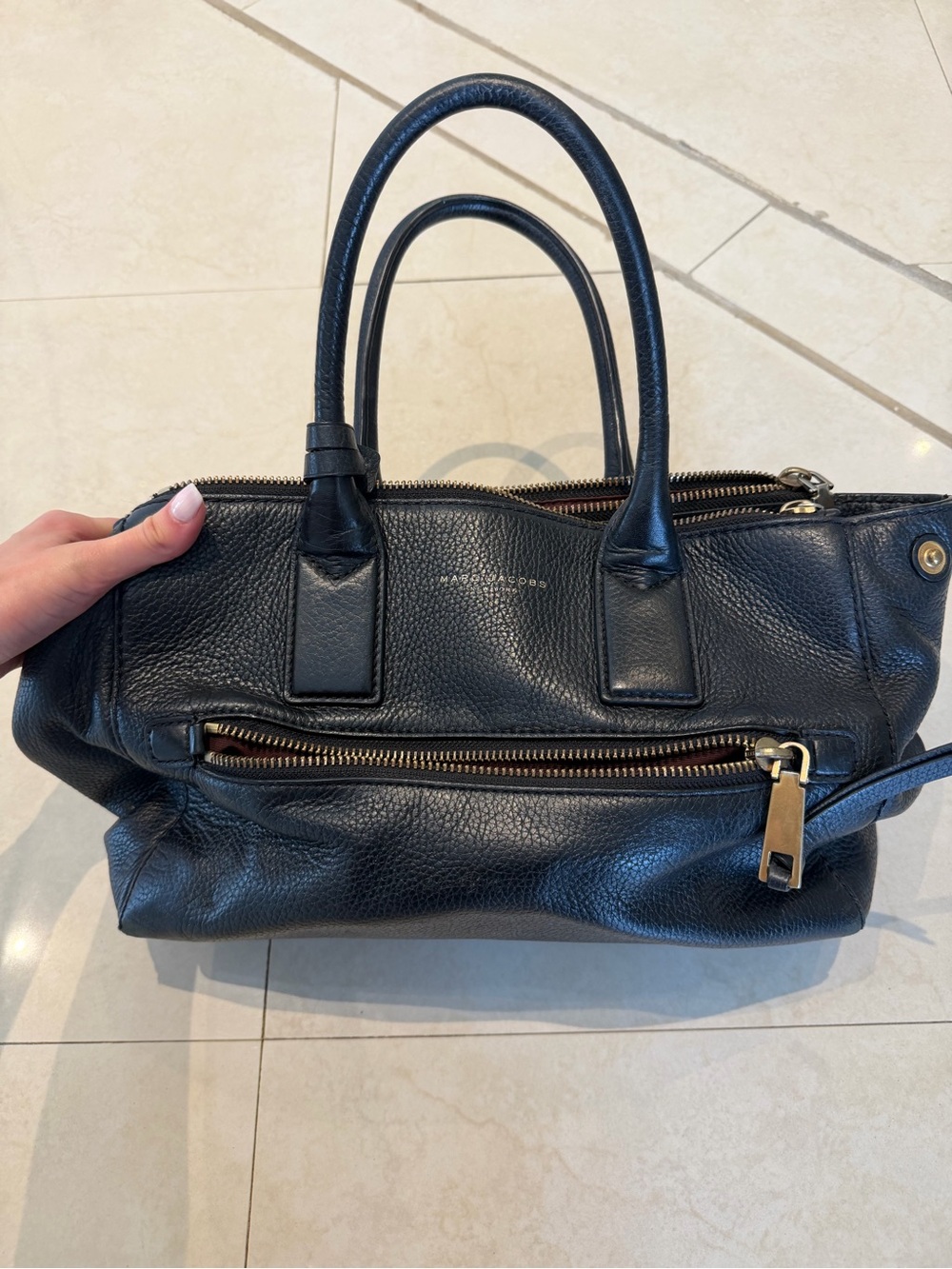Marc Jacobs Black Pebbled Leather Satchel with Gold Hardware